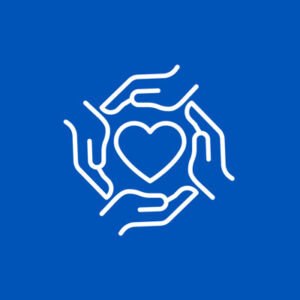 icon of four hands surrounding a heart with a blue background