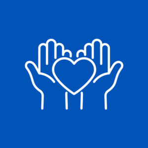 icon of two hands holding a heart with a blue background